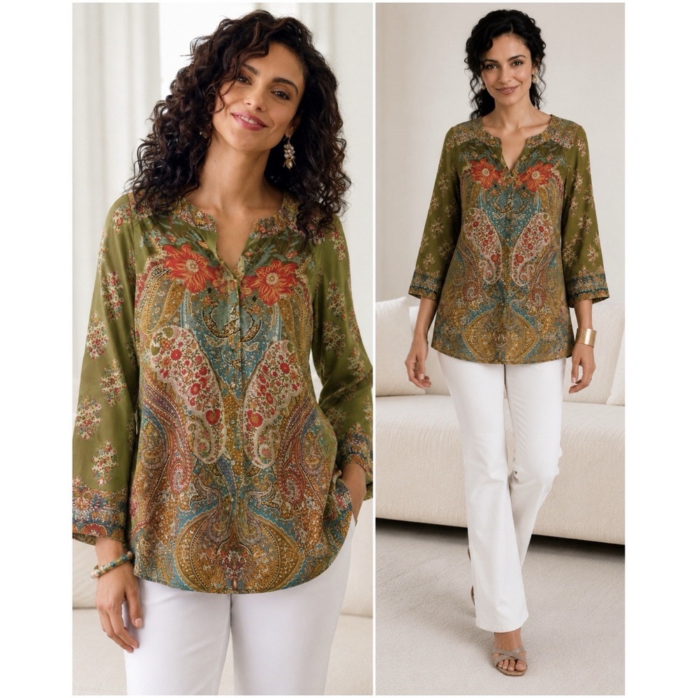 Soft Surroundings Desert Flower Tunic Green Multi Women's 3X NWT Floral Boho Top